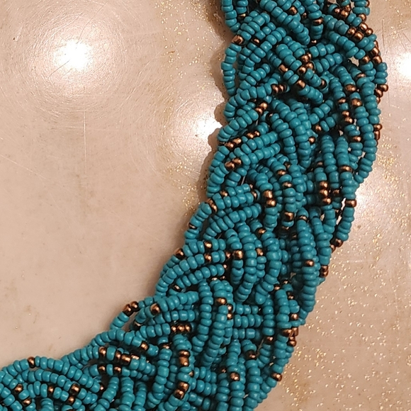 Beaded Braided Statement Turquoise Blue Necklace - Picture 2 of 4